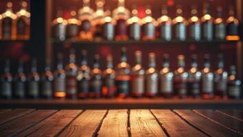 Rustic Wooden Tabletop in a Cozy Bar Setting with Warm Lighting and Blurry Background of Alcohol Bottles photo