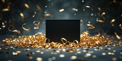Empty dark card amidst golden confetti in a celebratory dark background. photo