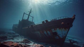 underwater scene of a ship wreck drowning in deep waters photo