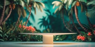 Empty Display Podium in Tropical Setting for Product Presentation photo