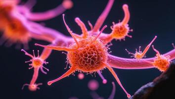 Microscopic Orange and Pink Fungus Spores on Dark Background. photo