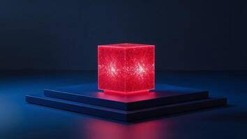 Glowing Red Cube on a Dark Blue Platform photo