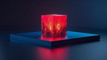 Glowing Red Cube on a Dark Blue Platform. photo