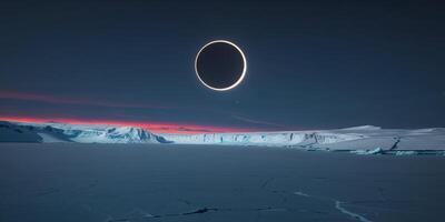 Solar eclipse casts dramatic shadows over a vast glacier landscape. photo