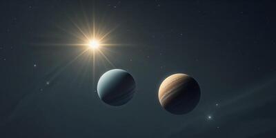 Two planets and a bright star appear in deep space. photo