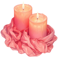 Two elegant candles with soft pink hues, surrounded by flowing pink fabric, creating a warm and inviting atmosphere. png