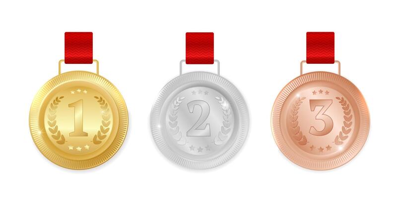 set of realistic award medals made of gold, silver and bronze with red ribbons, championship awards for first, second, third places