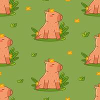 Beautiful capybara rests on the grass seamless pattern. Summer cute background for children. Flat illustration for textile, cloth, fabric, wrapping paper and print. vector