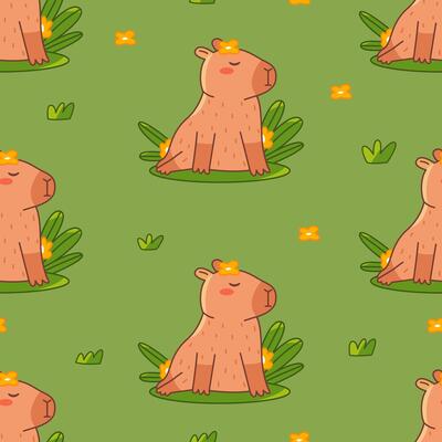 Beautiful capybara rests on the grass seamless pattern. Summer cute background for children. Flat illustration for textile, cloth, fabric, wrapping paper and print.