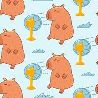 Capybara enjoys the wind from the fan seamless pattern. Summer cute background for children. Flat illustration for textile, cloth, fabric, wrapping paper and print. vector