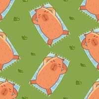 Capybara is resting on blanket on grass seamless pattern. Summer cute background for children. Flat illustration for textile, cloth, fabric, wrapping paper and print. vector