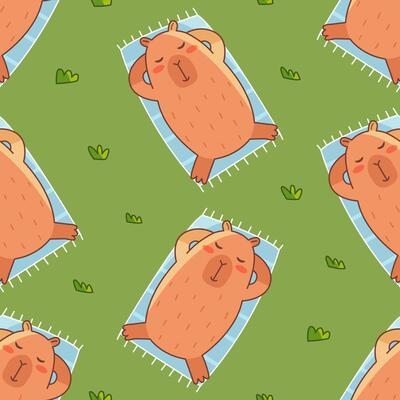 Capybara is resting on blanket on grass seamless pattern. Summer cute background for children. Flat illustration for textile, cloth, fabric, wrapping paper and print.