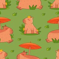 Beautiful capybaras rests on the grass seamless pattern. Summer cute background for children. Flat illustration for textile, cloth, fabric, wrapping paper and print. vector