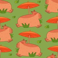 Capybara sleeps under an umbrella seamless pattern. Summer cute background for children. Flat illustration for textile, cloth, fabric, wrapping paper and print. vector