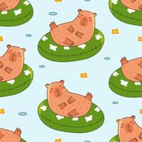 Capybara swim in water seamless pattern. Summer cute background for children. Flat illustration for textile, cloth, fabric, wrapping paper and print. vector