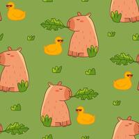 Capybara and duck seamless pattern. Summer cute background for children. Flat illustration for textile, cloth, fabric, wrapping paper and print. vector