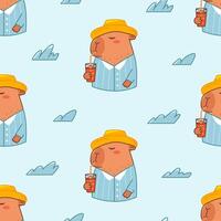 Capybara drinks cocktail seamless pattern. Summer cute background for children. Flat illustration for textile, cloth, fabric, wrapping paper and print. vector