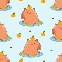 Capybara in water with oranges seamless pattern. Summer cute background for children. Flat illustration for textile, cloth, fabric, wrapping paper and print. vector