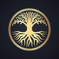 golden elegant tree with roots in circle stylized sign vector
