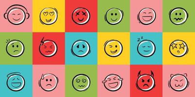 Doodle colorful emoji face icons set. Cartoon faces with emotions. Sketch style ink brush signs. vector