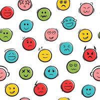 Doodle colorful emoji face icons seamless pattern. Sketch style ink brush signs background. vector