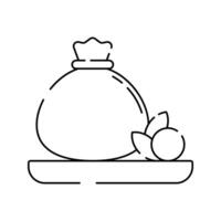 Mozzarella Cheese Bag Icon Outline Style, a cheese sack with basil and tomato, great for Italian food labels and menus. vector