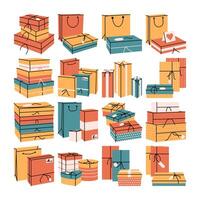 Flat design style colorful gift boxes and shopping bags in various shapes and sizes ideal for holiday themes celebration graphics packaging templates and festive designs. vector