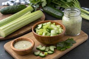 Fresh Sliced Celery with Homemade Dressing on Rustic Wooden Board photo