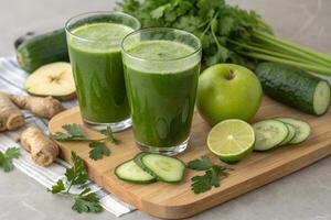Refreshing Green Detox Juice with Cucumber, Apple Parsley A Healthy Energy Drink photo