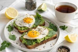 Healthy Avocado Toast with Fried Eggs, Spinach, and Lemon - Breakfast Plate photo