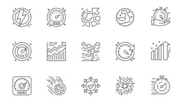 Productivity work icons set in outline stroke design for web. Pack line pictograms with fast, lightning, speedometer, strength, timer, time management, running, meteor, other. illustration. vector