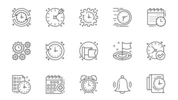 Scheduling icons set in outline stroke design for web. Pack line pictograms with time management, target, fast process, deadline, calendar, planning schedule, countdown, other. illustration. vector