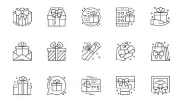 Presents icons set in outline stroke design for web. Pack line pictograms with birthday gift box, bow, letter, scroll, tag, bag, chat message, discount card, certificate, other. illustration. vector