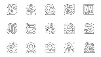 GPS navigator icons set in outline stroke design for web. Pack line pictograms with route with location points, pins, map, online tracking, direction, car travel, position, other. illustration. vector