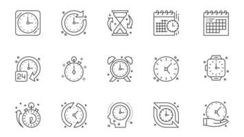 Time management icons set in outline stroke design for web. Pack line pictograms with clock, deadline, timeline, hourglass, calendar, alarm, timer, stopwatch, countdown, other. illustration. vector