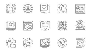 Social media icons set in outline stroke design for web. Pack line pictograms with like, link, heart, feedback, comment, personal profile, star rating, audience, sharing, other. illustration. vector