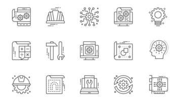 Engineering service icons set in outline stroke design for web. Pack line pictograms with app development, settings, helmet, gear, improvement, calculating, work tools, other. illustration. vector