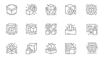 Product launch icons set in outline stroke design for web. Pack line pictograms with box, research, process, production, component, brand promotion, module, presentation, other. illustration. vector