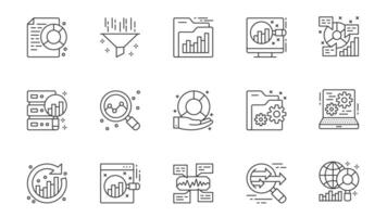 Data analytics icons set in outline stroke design for web. Pack line pictograms with diagram, filter, folder, chart research, database server, sync, statistic analysis, other. illustration. vector