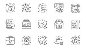 Recruitment icons set in outline stroke design for web. Pack line pictograms with candidate approve, hiring, searching resume, checklist, interview, global company, other. illustration. vector