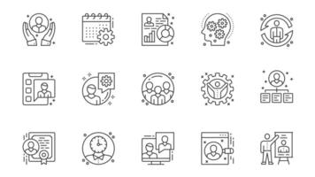 Office management icons set in outline stroke design for web. Pack line pictograms with employee support, calendar, process, resume, manager, teamwork, team organization, other. illustration. vector