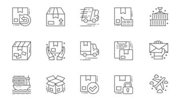 Delivery icons set in outline stroke design for web. Pack line pictograms with parcel return, package, fast shipping, barcode, warehouse loading, sending, post letter, box, other. illustration. vector