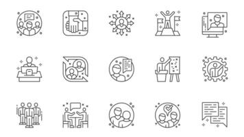 Business partnership icons set in outline stroke design for web. Pack line pictograms with communication, teamwork, discussion, handshake, success achievement, call, other. illustration. vector