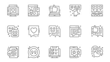 Review icons set in outline stroke design for web. Pack line pictograms with online feedback, comment, user experience, like, rating, audience, negative, positive, heart, other. illustration. vector