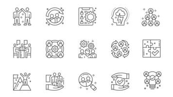 Employment service icons set in outline stroke design for web. Pack line pictograms with employees cooperation, teamwork, brainstorming, organization, interview meeting, other. illustration. vector