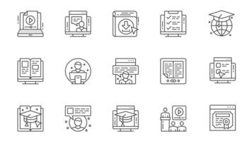 Learning icons set in outline stroke design for web. Pack line pictograms with online lesson, at laptop, test, schedule, graduation, ebook, teacher, school chat and other. illustration. vector