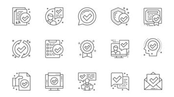 Certificate icons set in outline stroke design for web. Pack line pictograms with document approve, signing, quality, qualification, checkmark, safety guarantee, diploma, other. illustration. vector