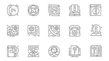 Customer service icons set in outline stroke design for web. Pack line pictograms with client call, information, online assistance, help, message, solution, support chat, other. illustration. vector