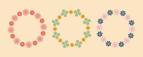 Groovy flower circle frame set. Floral circle frame. Hand drawn simple botanical round border, laurel, wreath with flowers. illustration for wedding invitation, card, logo. vector