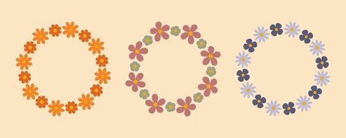 Groovy simple flower circle frame set. Floral circle frame. Hand drawn simple botanical round border, laurel, wreath with flowers. illustration for wedding invitation, card, logo. vector
